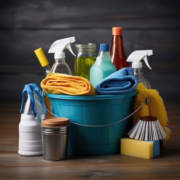 Bucket with suds and cleaning tools