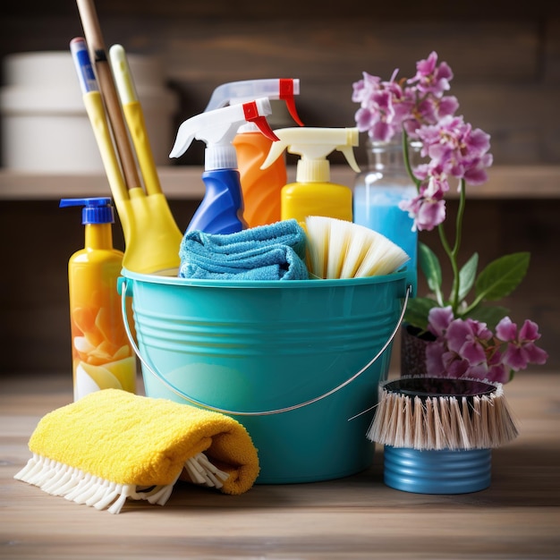 Bucket with suds and cleaning tools