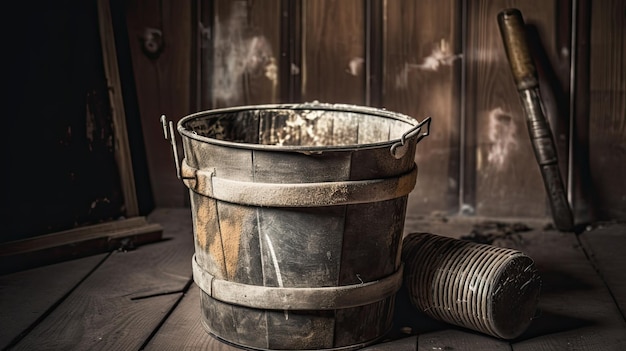 A bucket on a wooden floor with a wooden floor and a wooden floor.