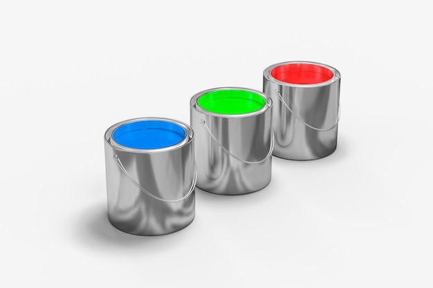 The buckets of colorful paint with white background 3d rendering