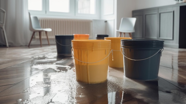 Buckets on a flooded floor with one that says'water'on it