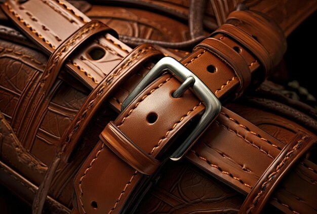 buckle vintage brown leather shoulder straps close up shot from 3d in the style of naturalist shadow