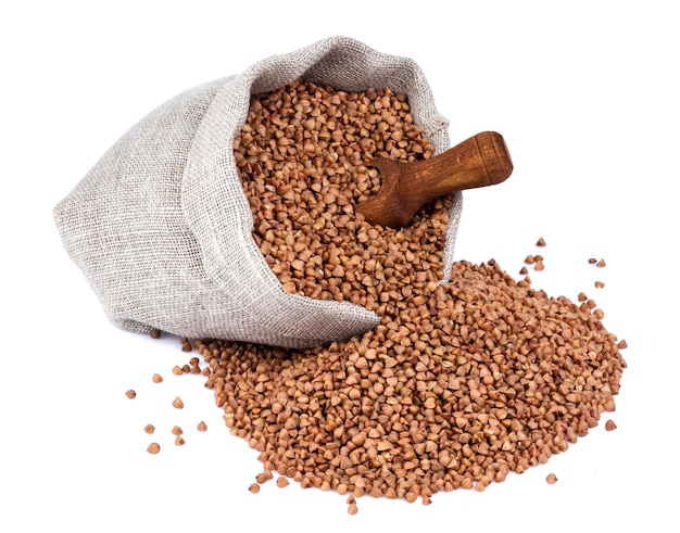 Buckwheat in bag isolated on white background