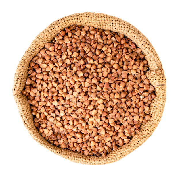 Buckwheat in a bag on a white background