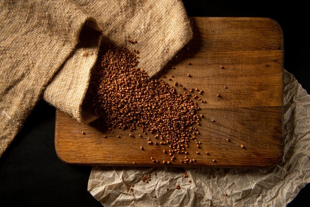 Photo buckwheat buckwheat on sacking raw buckwheat groats whole grain porridge