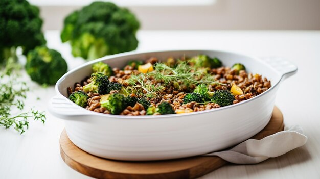 Buckwheat mix with broccoli in baking dish