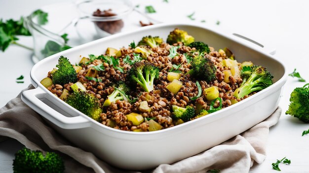 Foto grano saraceno mescolato con broccoli in un piatto da forno