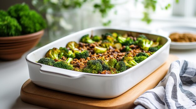 Foto grano saraceno mescolato con broccoli in un piatto da cottura