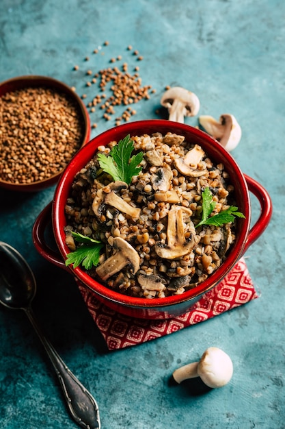 Buckwheat porridge with mushrooms vegan food