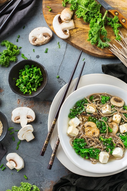 Buckwheat soba noodles soup ingredients for asian chinese japanese food