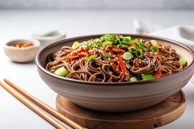 Foto nudle di soba di grano saraceno con bacchette in una ciotola marrone su una scrivania di legno su uno sfondo chiaro