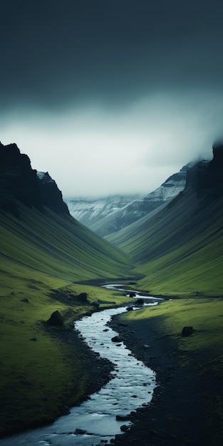 Bucolic Landscapes A River In Iceland With Cloudy Skies