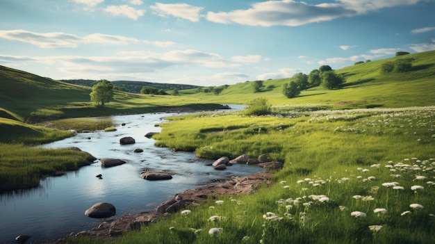 Bucolische landschappen Een dromerige rivier langs een heuvel