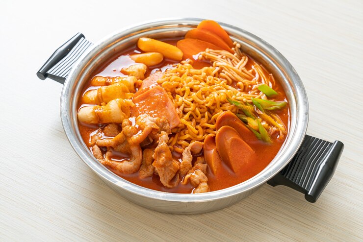 Photo 부대찌개 또는 부대찌개(육군 스튜 또는 육군 기지 스튜). 김치, 스팸, 소세지, 라면 등이 가득 들어 있습니다. 한국의 인기있는 냄비 요리 스타일