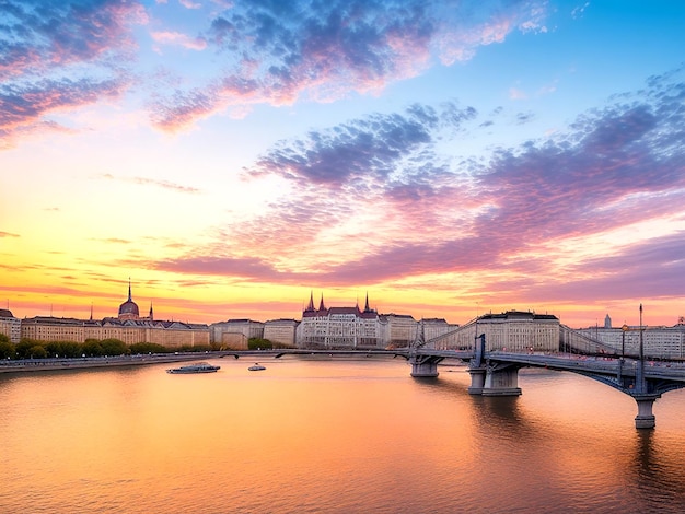 Photo budapest hungary panoramic shot of the beautiful colorful sunset