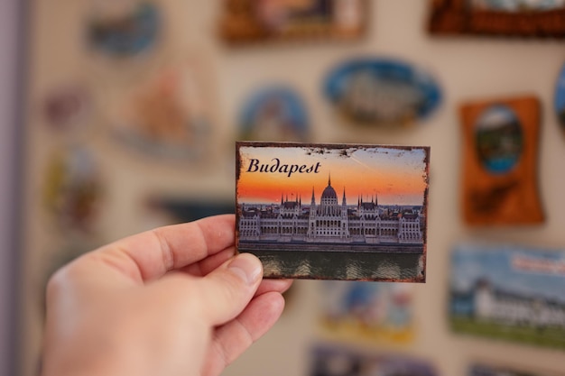 Budapest Hungary souvenir refrigerator magnet at hand