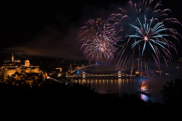 Budapest Hungarybeautiful fireworks over the Danube River illuminating the chain bridge