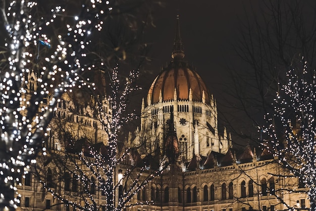 Budapest Parliament with Christmas Lights Illumination