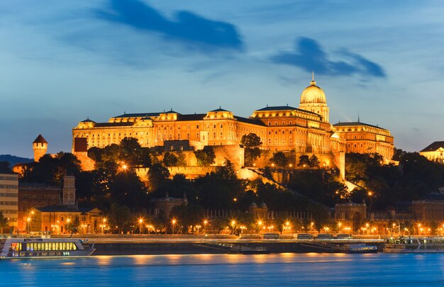 Ночной вид на Королевский дворец в Будапеште. Длительное воздействие.