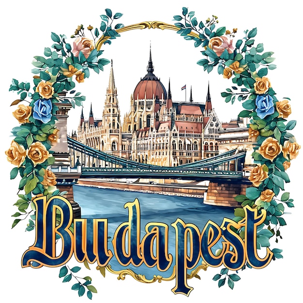 Будапештский текст со смелым и декоративным типографом в стиле модерн. Коллекция акварельных пейзажных искусств.