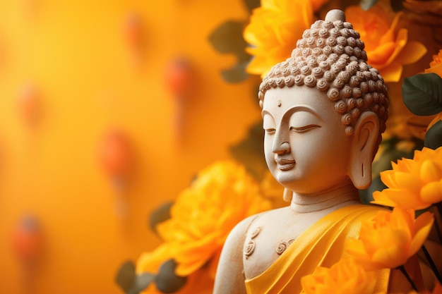 The Buddha appears beautiful due to the yellow gold figure and golden orange backdrop