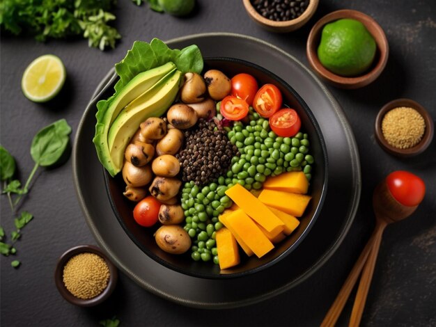 Photo buddha bowl avocado mung bean pumpkin mushrooms tomatoes and lettuce in a black bowl vegan diet top