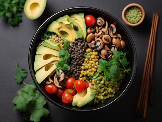 Photo buddha bowl avocado mung bean pumpkin mushrooms tomatoes and lettuce in a black bowl vegan diet top