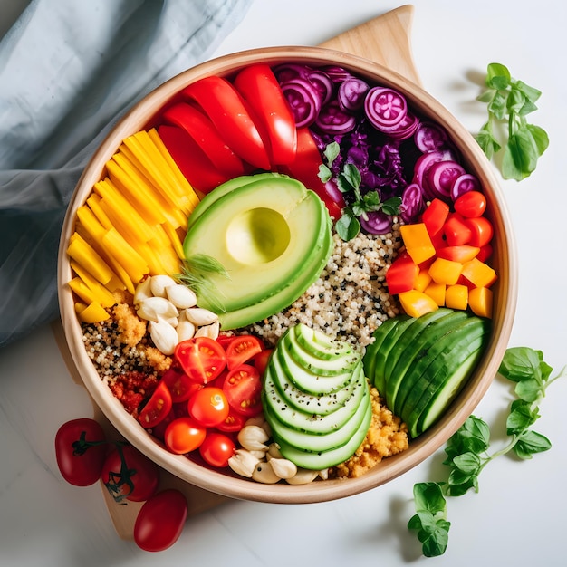 Buddha bowl colorful salad with superfood avocado quinoa tomatoes carrots healthy food