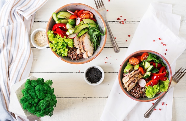 Buddha bowl dish with chicken fillet