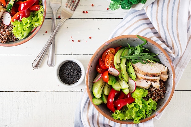 Buddha bowl dish with chicken fillet