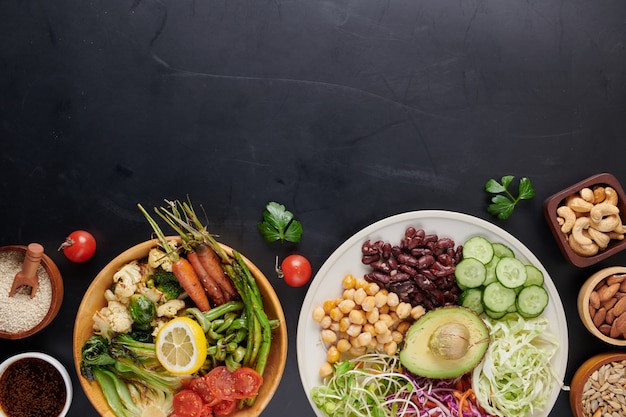 Buddha bowl dish with vegetables and legumes. Top view.