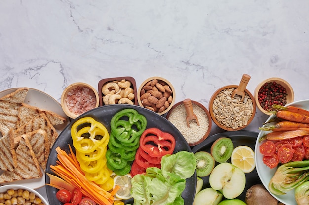 buddha bowl dish with vegetables and legumes. top view.