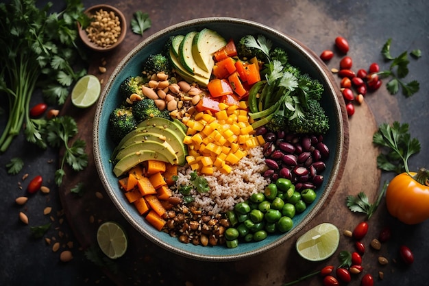 buddha bowl dish with vegetables and legumes top view