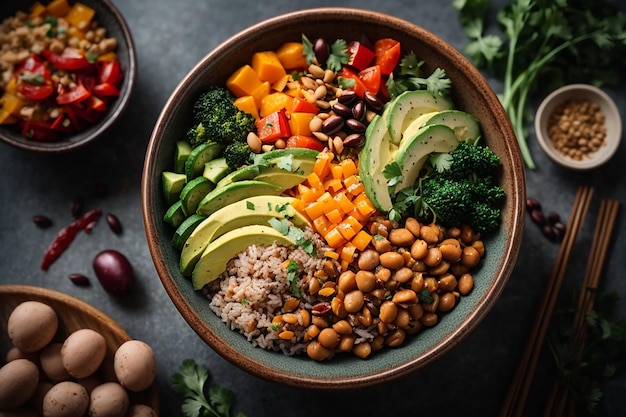 buddha bowl dish with vegetables and legumes top view