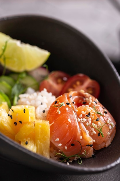 Buddha bowl, poke with salmon for dinner