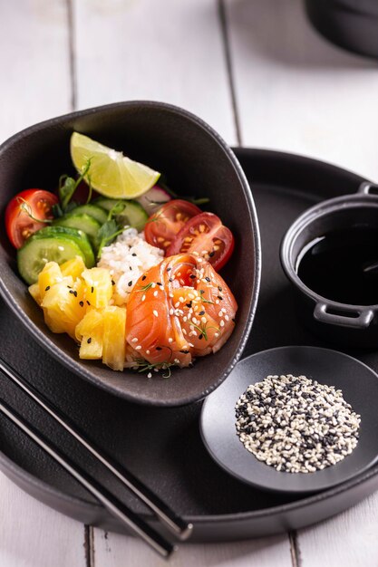 Buddha bowl, poke with salmon for dinner