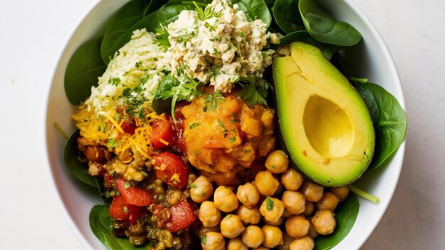 Photo buddha bowl vegetarian healthy balanced food aloo gobi chickpeas tomato avocado tabule salad sp