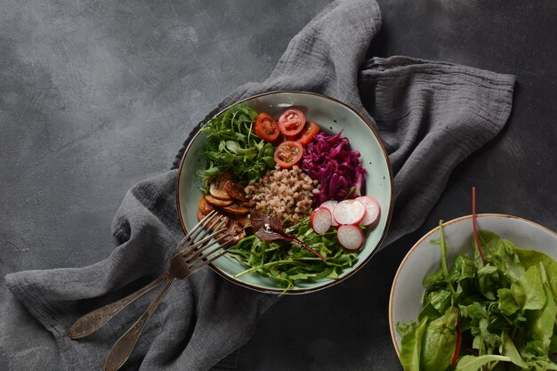 Buddha bowl with buckwheat, grilled chicken.