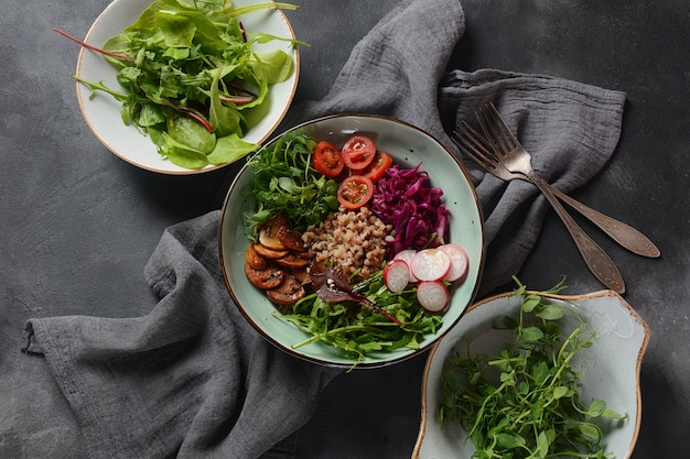 Buddha bowl with buckwheat, grilled chicken.