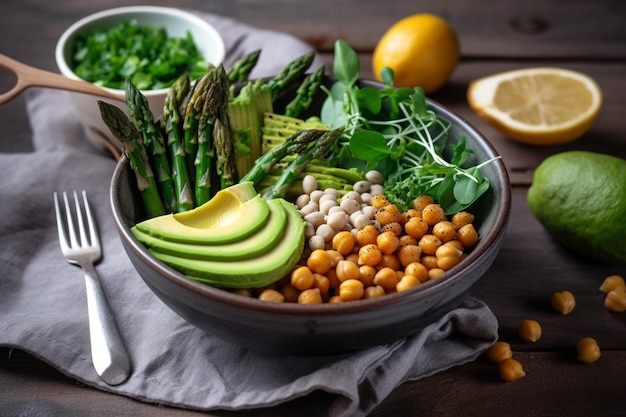 Buddha bowl with grilled avocado asparagus chickpeas pea sprouts and broccoli