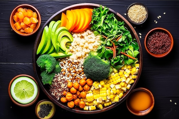 Buddha bowl with quinoa avocado mango chickpeas and corn