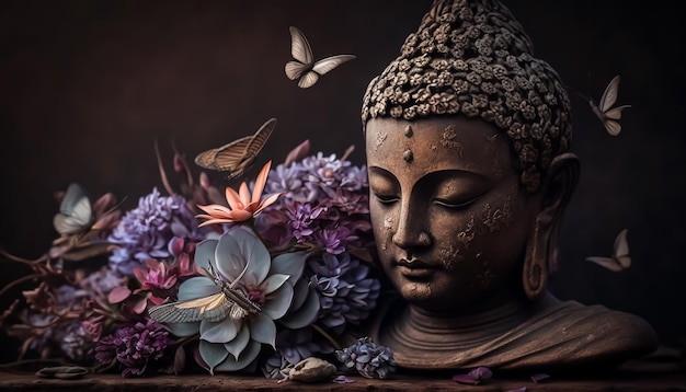 Buddha bust surrounded by flowers