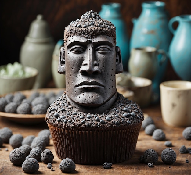 Buddha face and chocolate cupcake with truffles on wooden table