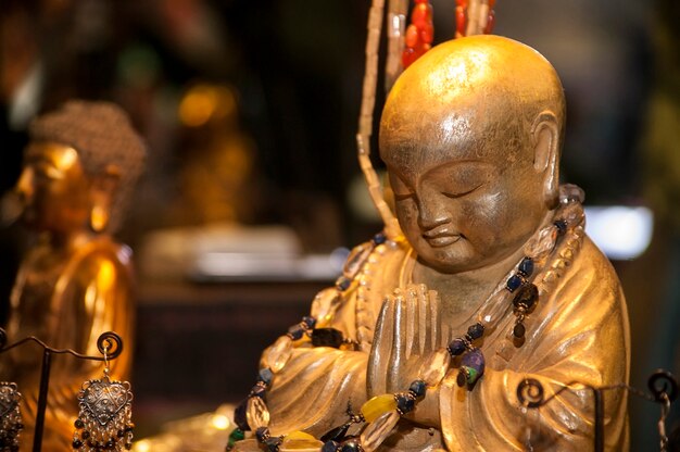 Buddha figure in praying and meditation adorned and surrounded by other spiritual 
