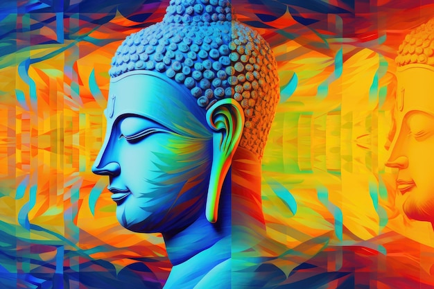 Buddha heads full face and profile on psychedelic backdrop collage digital art for fabric and yoga m