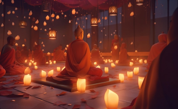 A buddha meditating in a meditation room with a lit lantern in the background.