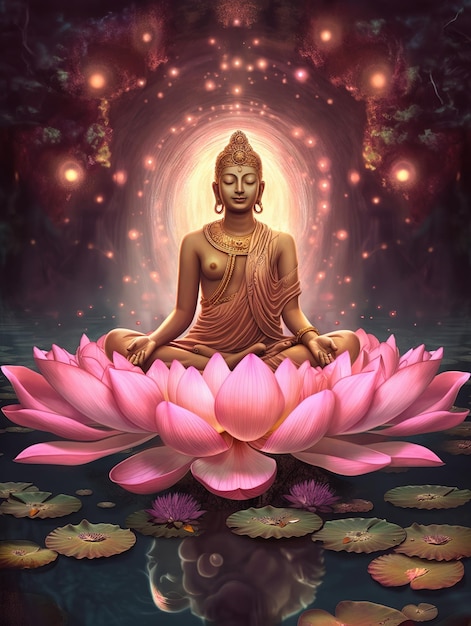 buddha meditating in the middle of a lotus pond