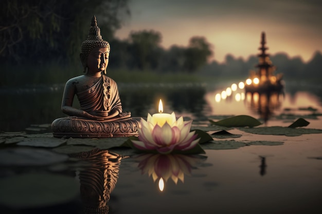 Buddha purnima Vesak day background Buddha statue with Lotus flower and Candle light side on river