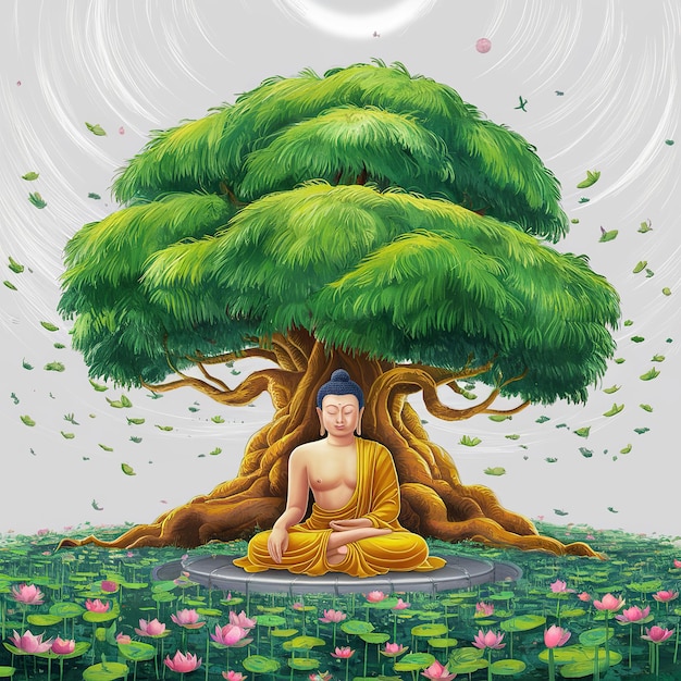 Иллюстрация Дня Будды Пурнима Весак Гаутам Будда, сидящий под деревом бодхи, изолированный на белом фоне