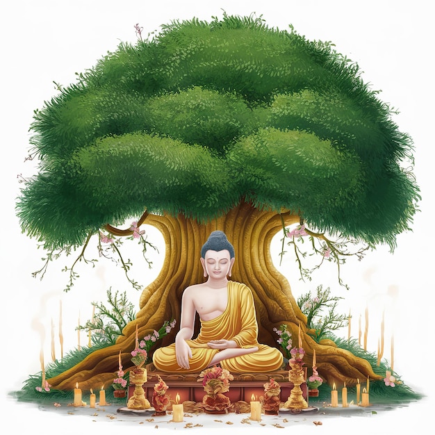 Иллюстрация Дня Будды Пурнима Весак Гаутам Будда, сидящий под деревом бодхи, изолированный на белом фоне